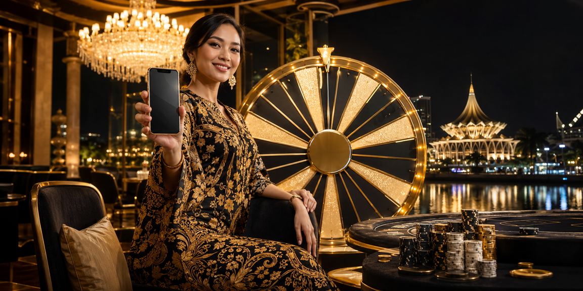 Paparan aplikasi mudah alih surga55 dengan tema batik Kuching